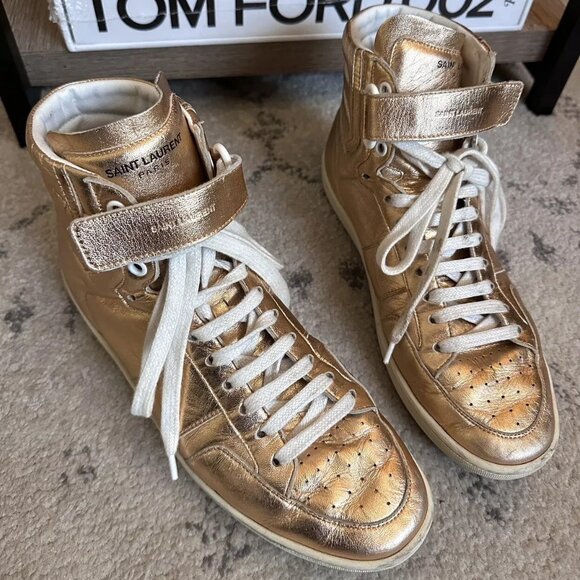$895 SAINT LAURENT Rose Gold Metallic Hi-top Trainers Sneakers - Size 9 (EU 40) - Picture 1 of 11